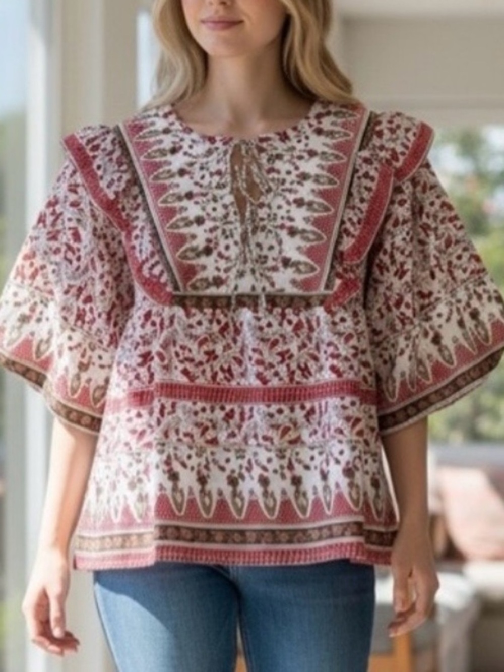 Calypso St Barth Red & Brown Block Print Cotton Blouse Medium Boho Summer - Picture 2 of 8